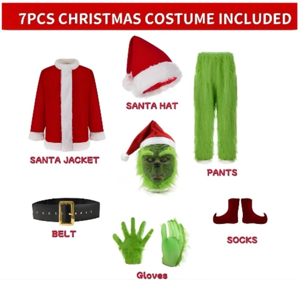 Green Grinch Santa Kids Costume Set with Red Jacket and Hat
